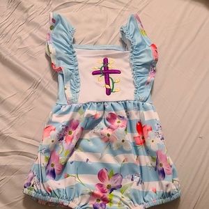 Blue Easter purple cross romper with tie back